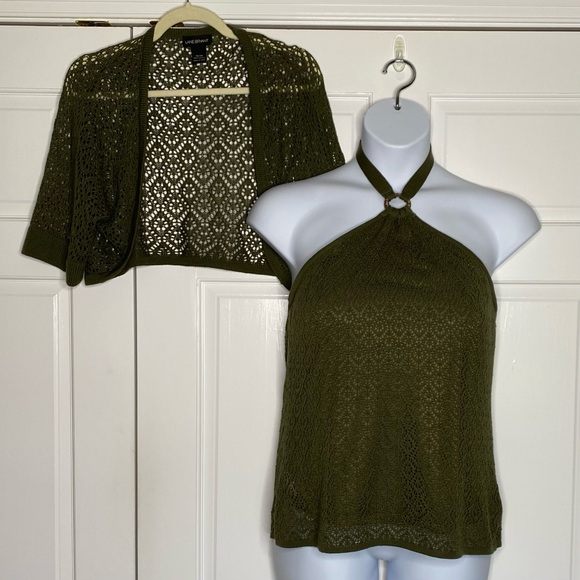 Lane Bryant Top Open Crochet Halter Tank Sweater Twin Set 18/20 Olive Coastal - Picture 2 of 10